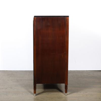 Art Deco Machine Age High Chest in Bookmatched Walnut Black Lacquer Chrome