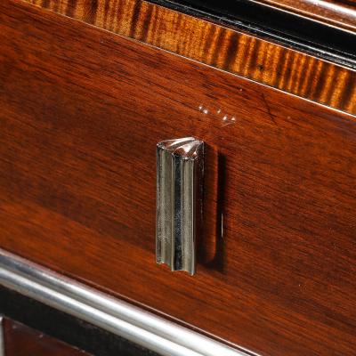 Art Deco Machine Age High Chest in Bookmatched Walnut Black Lacquer Chrome