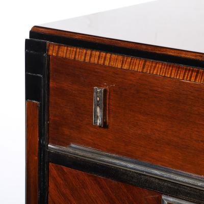 Art Deco Machine Age High Chest in Bookmatched Walnut Black Lacquer Chrome