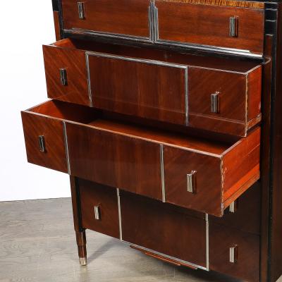 Art Deco Machine Age High Chest in Bookmatched Walnut Black Lacquer Chrome