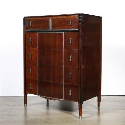 Art Deco Machine Age High Chest in Bookmatched Walnut Black Lacquer Chrome