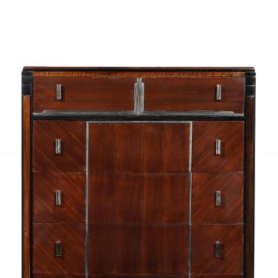 Art Deco Machine Age High Chest in Bookmatched Walnut Black Lacquer Chrome