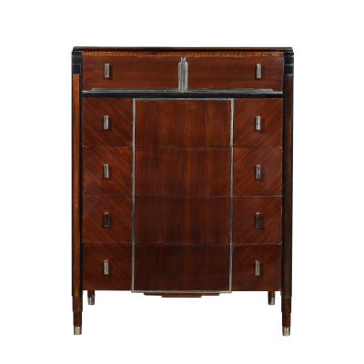 Art Deco Machine Age High Chest in Bookmatched Walnut Black Lacquer Chrome