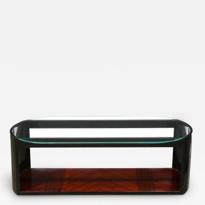 Art Deco Machine Age Lacquer Glass Bookmatched Walnut Bullet Cocktail Table