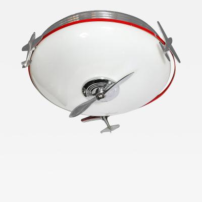 Art Deco Machine Age Milk Glass Chrome Airplane Flush Mount