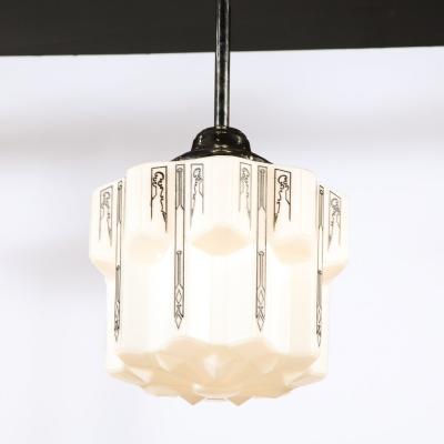 Art Deco Machine Age Milk Glass Pendant w Curvilinear Black Etched Details