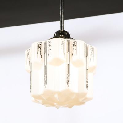 Art Deco Machine Age Milk Glass Pendant w Curvilinear Black Etched Details