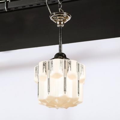 Art Deco Machine Age Milk Glass Pendant w Curvilinear Black Etched Details