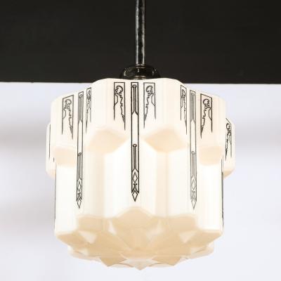 Art Deco Machine Age Milk Glass Pendant w Curvilinear Black Etched Details