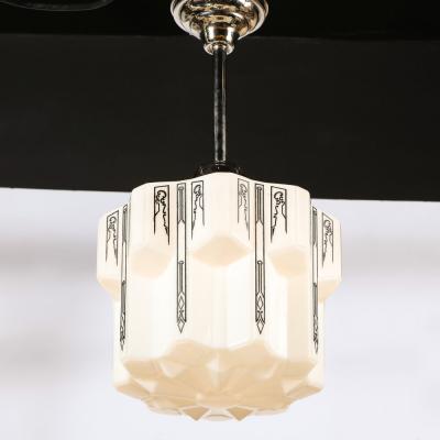 Art Deco Machine Age Milk Glass Pendant w Curvilinear Black Etched Details