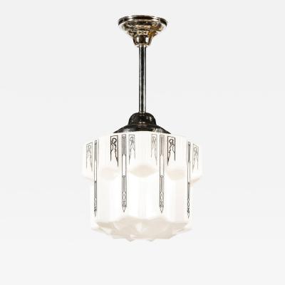 Art Deco Machine Age Milk Glass Pendant w Curvilinear Black Etched Details