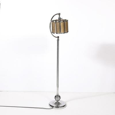 Art Deco Machine Age Polished Chrome Floor Lamp w Scalloped Metal Mesh Shade