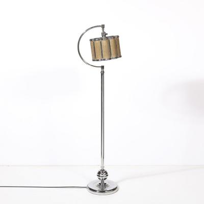 Art Deco Machine Age Polished Chrome Floor Lamp w Scalloped Metal Mesh Shade