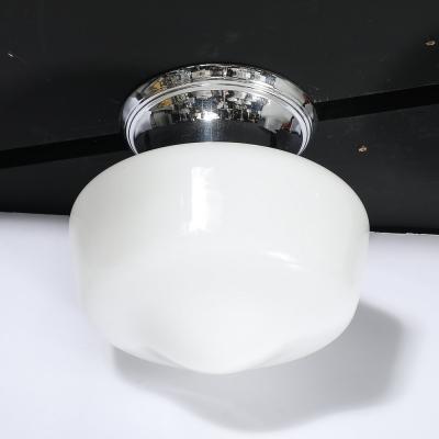 Art Deco Machine Age Rounded Cylindrical Milk Glass Flush Mount Chandelier
