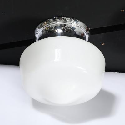 Art Deco Machine Age Rounded Cylindrical Milk Glass Flush Mount Chandelier
