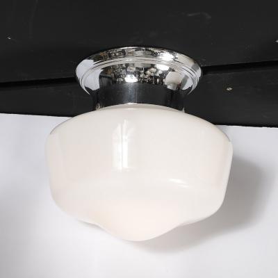 Art Deco Machine Age Rounded Cylindrical Milk Glass Flush Mount Chandelier