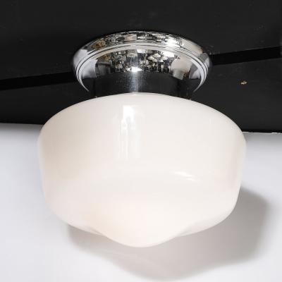 Art Deco Machine Age Rounded Cylindrical Milk Glass Flush Mount Chandelier