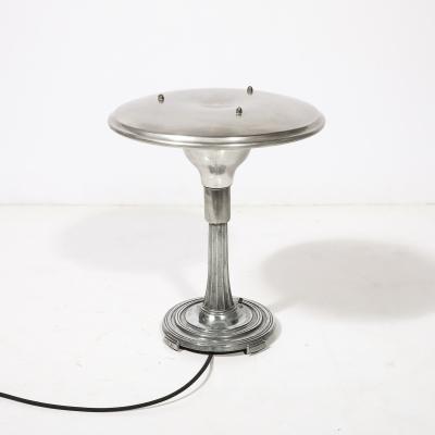 Art Deco Machine Age Saucer Form Polished Aluminum Table Lamp w Sculptural Base