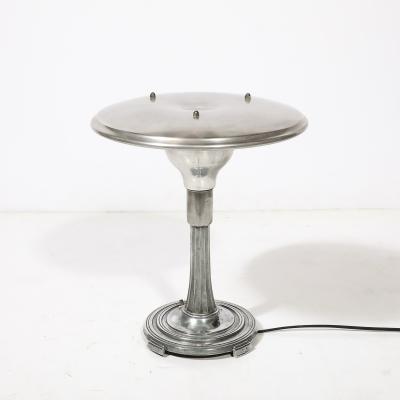 Art Deco Machine Age Saucer Form Polished Aluminum Table Lamp w Sculptural Base