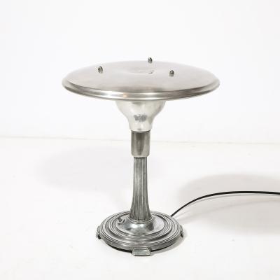 Art Deco Machine Age Saucer Form Polished Aluminum Table Lamp w Sculptural Base