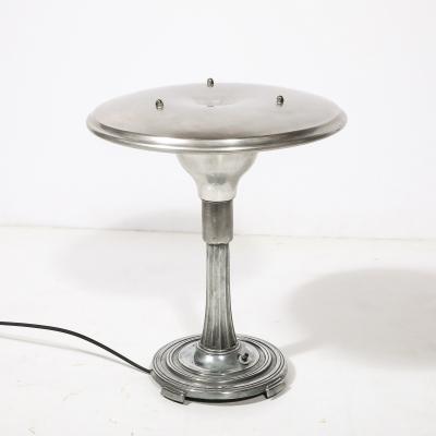 Art Deco Machine Age Saucer Form Polished Aluminum Table Lamp w Sculptural Base