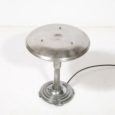Art Deco Machine Age Saucer Form Polished Aluminum Table Lamp w Sculptural Base