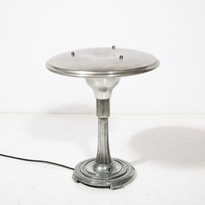 Art Deco Machine Age Saucer Form Polished Aluminum Table Lamp w Sculptural Base