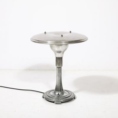 Art Deco Machine Age Saucer Form Polished Aluminum Table Lamp w Sculptural Base