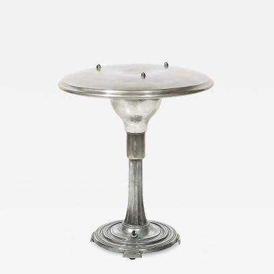 Art Deco Machine Age Saucer Form Polished Aluminum Table Lamp w Sculptural Base