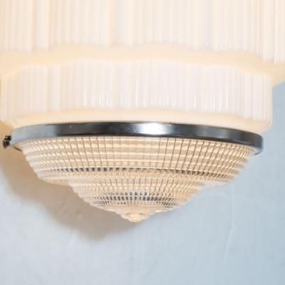 Art Deco Machine Age Skyscraper Style Chrome White and Pressed Glass Pendant