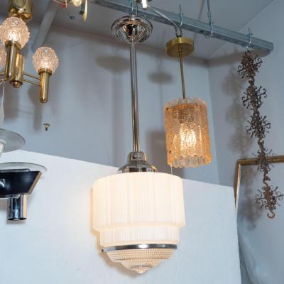 Art Deco Machine Age Skyscraper Style Chrome White and Pressed Glass Pendant