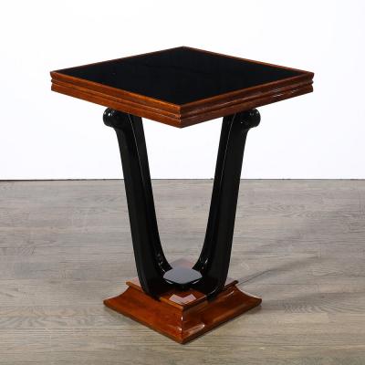 Art Deco Machine Age Square Walnut Occasional Table w Black Mirror Glass Top