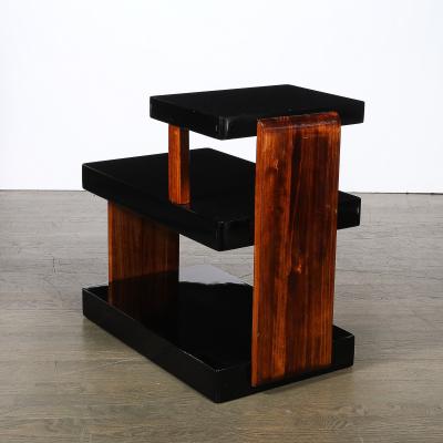 Art Deco Machine Age Three Tier Black Lacquer Walnut Side Table