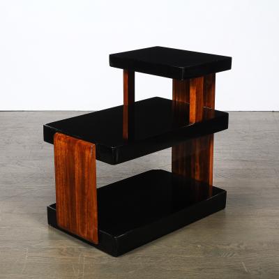 Art Deco Machine Age Three Tier Black Lacquer Walnut Side Table