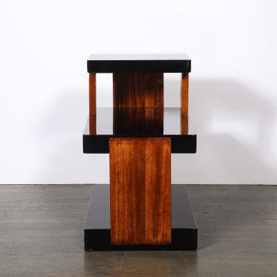 Art Deco Machine Age Three Tier Black Lacquer Walnut Side Table