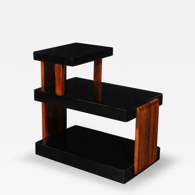 Art Deco Machine Age Three Tier Black Lacquer Walnut Side Table