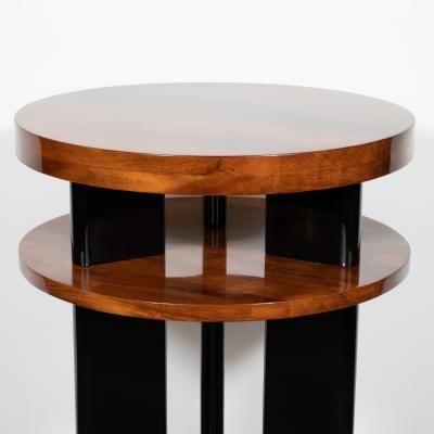 Art Deco Machine Age Three Tier Bookmatched Walnut and Black Lacquer Side Table