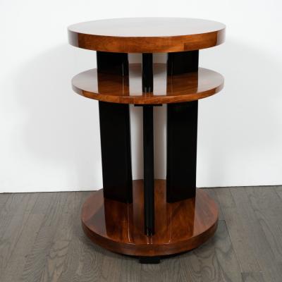 Art Deco Machine Age Three Tier Bookmatched Walnut and Black Lacquer Side Table