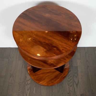 Art Deco Machine Age Three Tier Bookmatched Walnut and Black Lacquer Side Table