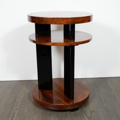 Art Deco Machine Age Three Tier Bookmatched Walnut and Black Lacquer Side Table