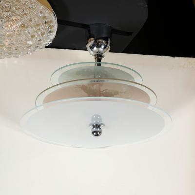 Art Deco Machine Age Three Tier Chandelier in Frosted Copper and Glass