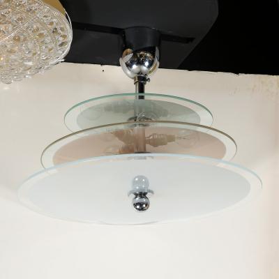 Art Deco Machine Age Three Tier Chandelier in Frosted Copper and Glass