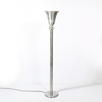 Art Deco Machine Age Torchiere in Brushed Aluminum Glass signed Russel Wright