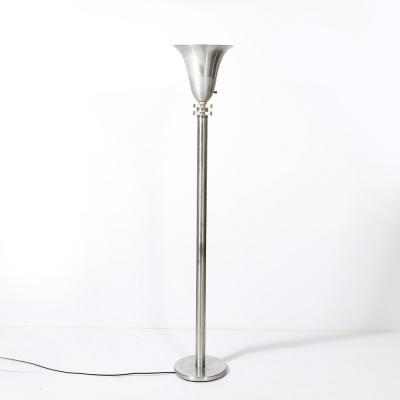 Art Deco Machine Age Torchiere in Brushed Aluminum Glass signed Russel Wright