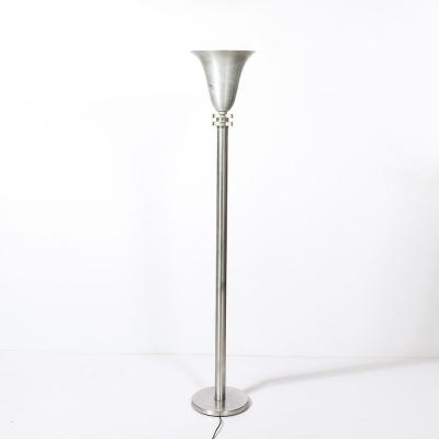 Art Deco Machine Age Torchiere in Brushed Aluminum Glass signed Russel Wright