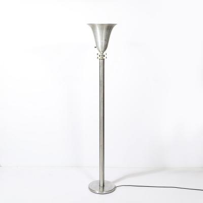 Art Deco Machine Age Torchiere in Brushed Aluminum Glass signed Russel Wright