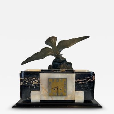 Art Deco Mantel Clock with Bird Sculpture Marble France circa 1930