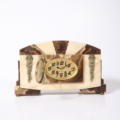 Art Deco Mantlepiece Clock in Tessellated Ice Sugar Cream Onyx w Gilt Bronze