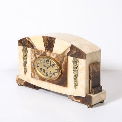 Art Deco Mantlepiece Clock in Tessellated Ice Sugar Cream Onyx w Gilt Bronze