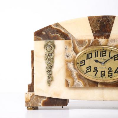 Art Deco Mantlepiece Clock in Tessellated Ice Sugar Cream Onyx w Gilt Bronze
